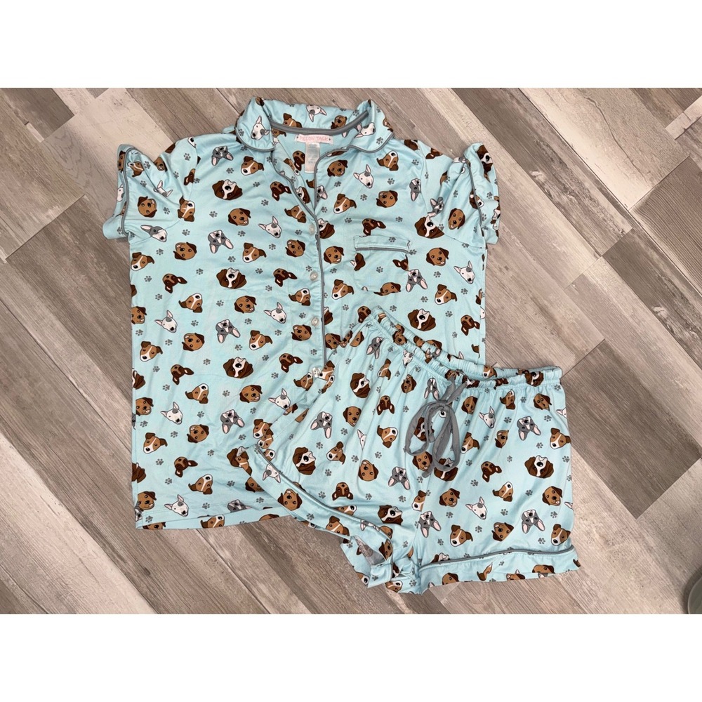 Pillow Talk Pajama Set Women Blue Dog Print Button Down Shorts M